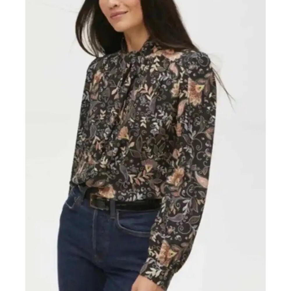 Michael Stars | Alexi Printed Bow Blouse | Black Jacquard | Sz 1X